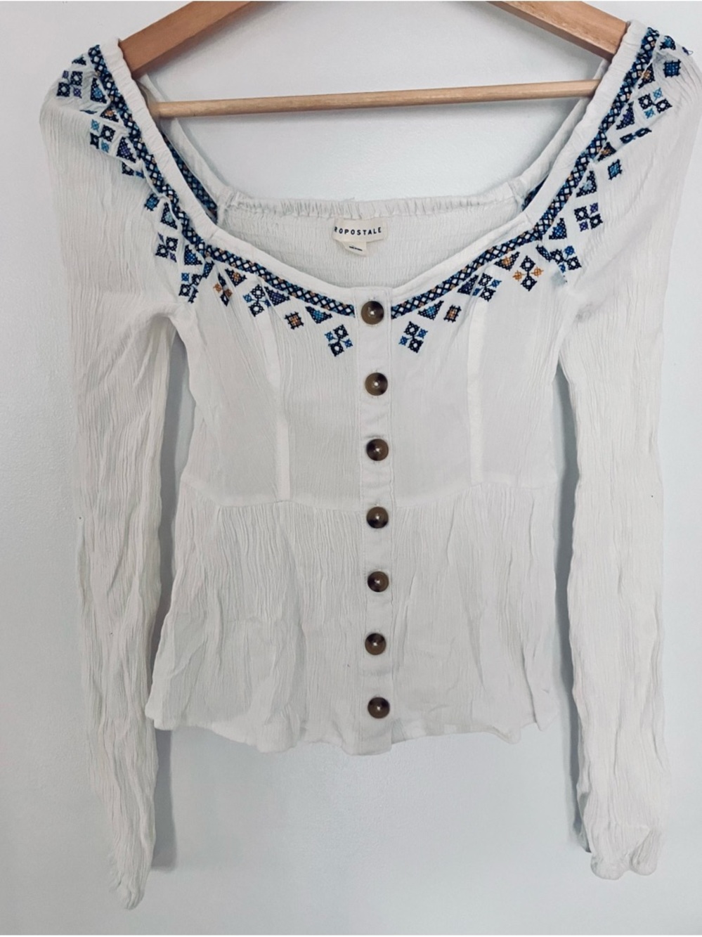 Aeropostale White Long-Sleeve Button Front Top with Blue Embroidery